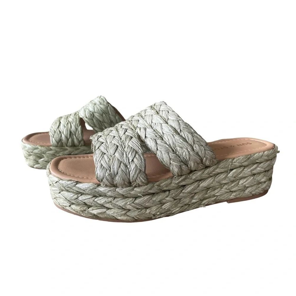 Sun + Stone Olinkaa Espadrille Platform Sandals Sage Green Size 7